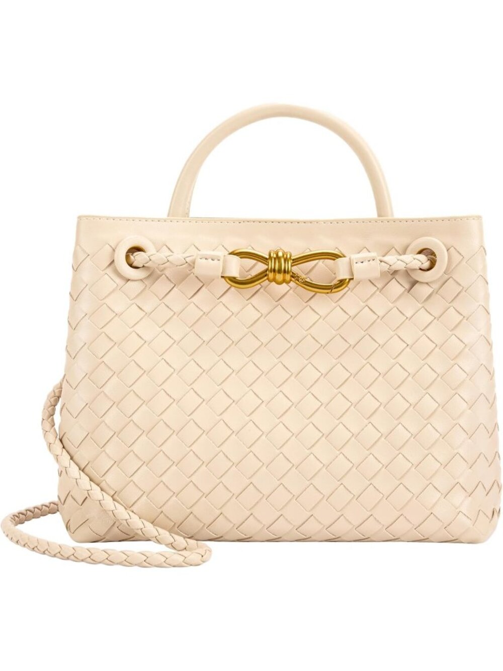 Women's Beige White Woven Leather Tote Handle Designer Handbag Shoulder Bag
